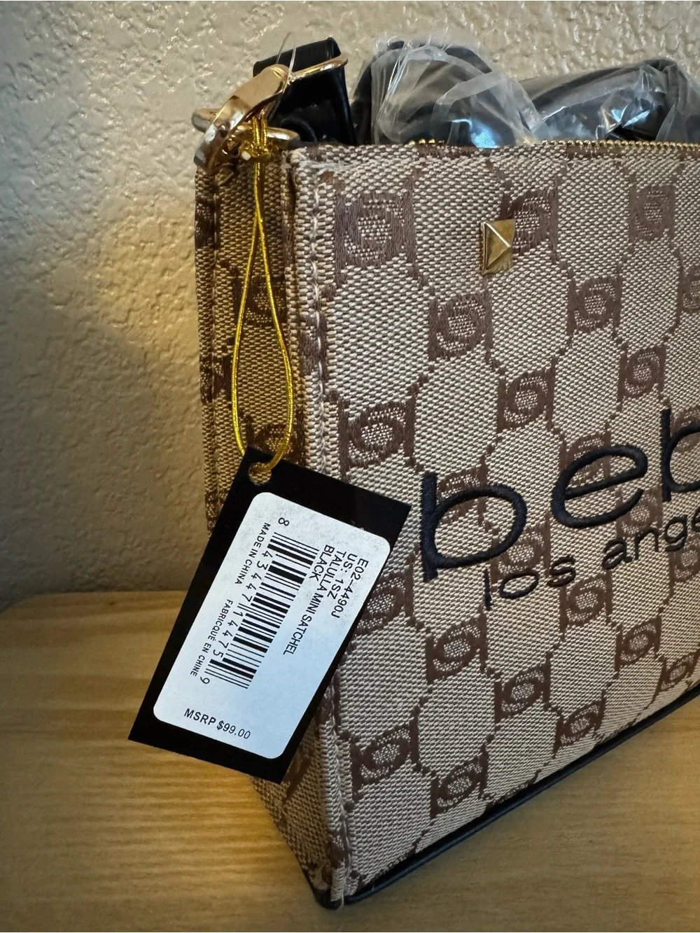 Bebe Monogram Brown and Black Talulla Satchel Tote with Crossbody Strap